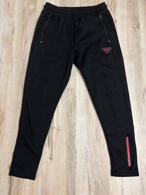 Designer Style Black Joggers Red Stripe Triangle Logo Streetwear Pants